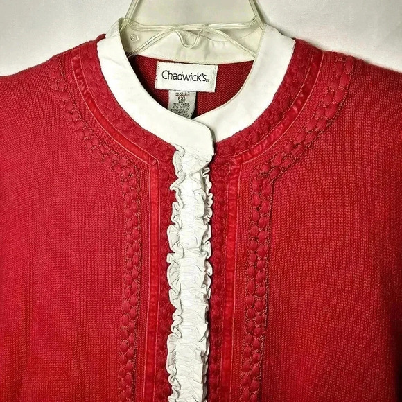 Vintage Chadwick's Womens Red Button-up Knit Sweater Mock White Blouse PXL - Picture 2 of 7